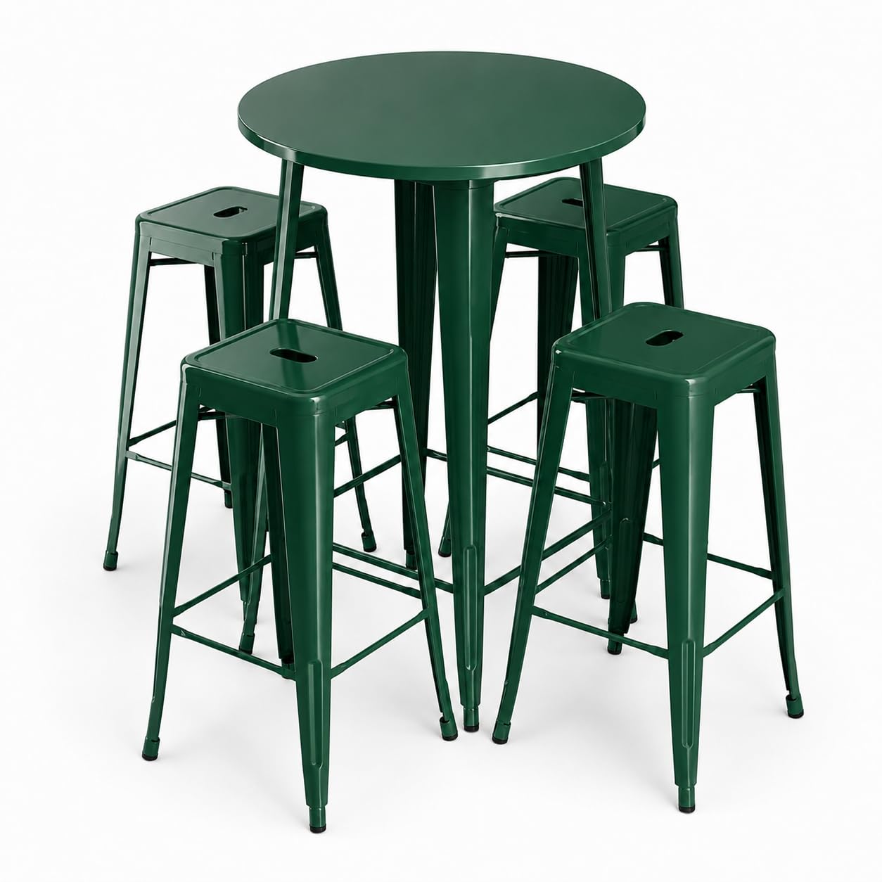 Glownary Alloy Round Bar Height Table Set, Emerald Green Steel, 30 Inch with 4 Stackable Backless Barstools, Indoor Outdoor