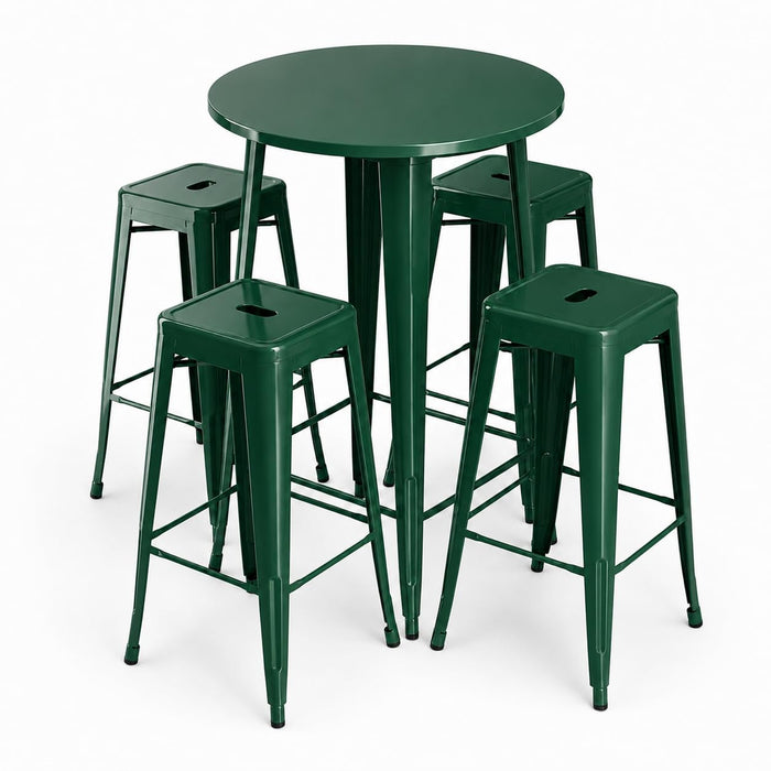 Glownary Alloy Round Bar Height Table Set, Emerald Green Steel, 30 Inch with 4 Stackable Backless Barstools, Indoor Outdoor