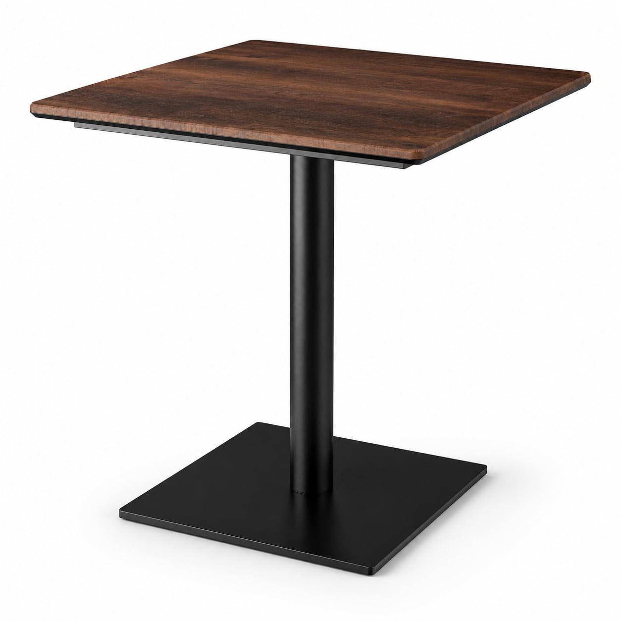 Glownary Excalibur Square Dining Table, Textured Walnut Finish, 28 x 28 Inch, Standard Height, Indoor Outdoor Use, Black Steel Base