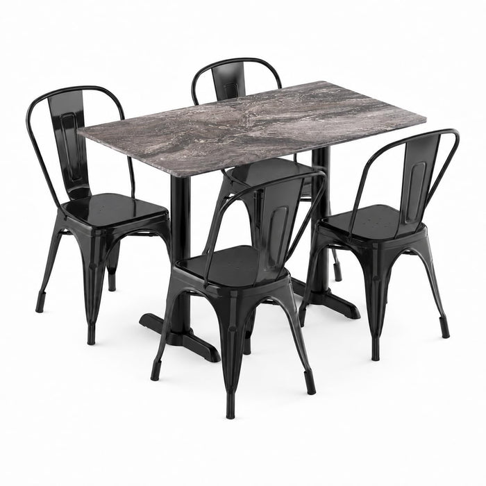 Glownary Excalibur Rectangular Dining Set, Paladina Laminate Table 47x27 Inch with 4 Black Steel Cafe Chairs, Indoor Outdoor, Standard Height, Stackable