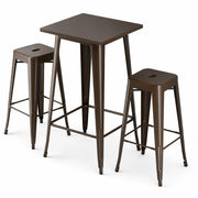 Glownary Alloy Bar Height Outdoor Table Set, Copper, Steel, 23.5x23.5 Inch Square Table with 2 Stackable Backless Barstools, Indoor Outdoor Use