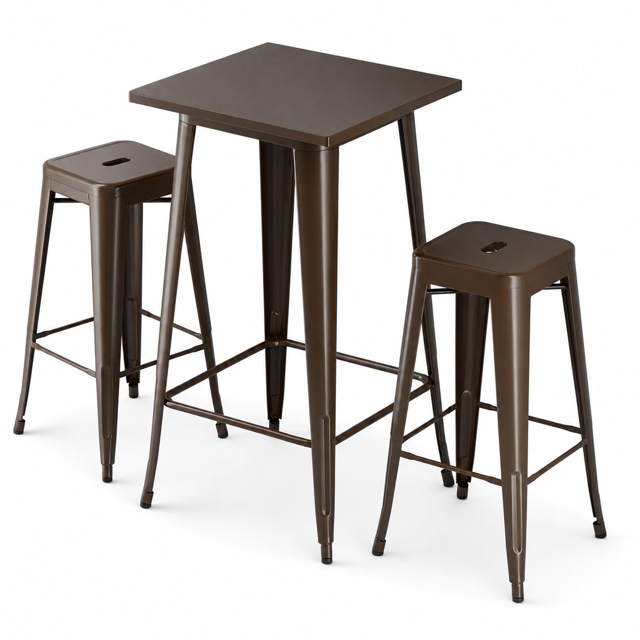 Glownary Alloy Bar Height Outdoor Table Set, Copper, Steel, 23.5x23.5 Inch Square Table with 2 Stackable Backless Barstools, Indoor Outdoor Use