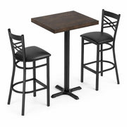 Glownary Bar Height Wood Butcher Block Dining Set, 24x30 Inch Espresso Table with 2 Cross Back Chairs, Cast Iron Base, Padded Vinyl Seats