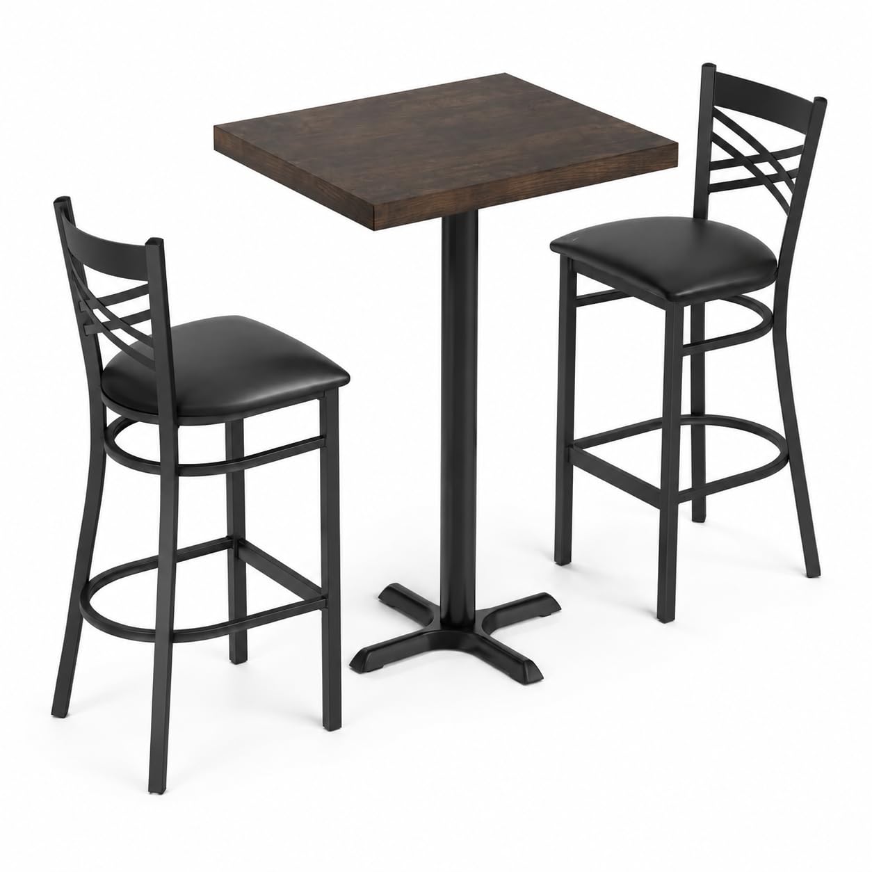 Glownary Bar Height Wood Butcher Block Dining Set, 24x30 Inch Espresso Table with 2 Cross Back Chairs, Cast Iron Base, Padded Vinyl Seats