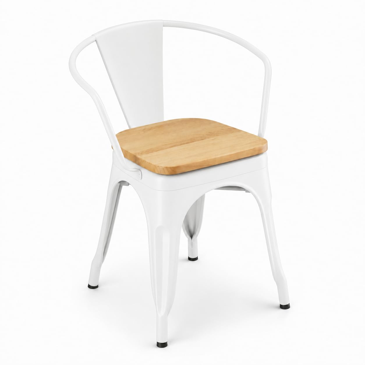 Glownary Alloy Indoor Arm Chair, Pearl White Steel Frame with Natural Wood Seat, 17.75 Inch Height, 400 lb Capacity, Modern Coastal Style, Stackable