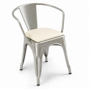 Glownary Lancaster Table & Seating Alloy Silver Indoor Arm Chair with White Vinyl Cushion, Metal Frame, 28.5 Inch Height, 400 lb Capacity, Stackable, Industrial Style
