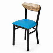 Glownary Boomerang Restaurant Chair, Black Metal Frame with Blue Vinyl Seat, Driftwood Back, Mid-Century Style, 32 Inch Height, Indoor Commercial Use