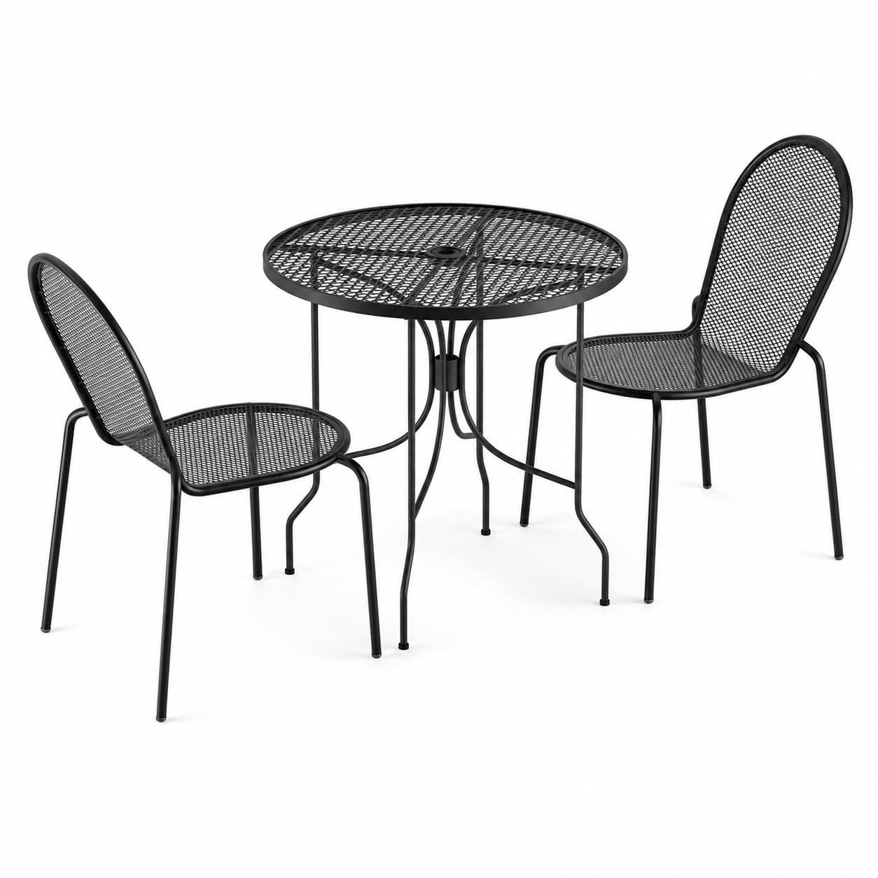 Glownary Harbor 30-Inch Round Outdoor Dining Set, Black Powder-Coated Steel, Table with Ornate Legs, 2 Stackable Mesh Chairs