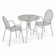 Glownary Harbor Gray Round Outdoor Dining Set with 30-Inch Mesh Table, 2 Steel Arm Chairs, Ornate Legs, Stackable, Powder-Coated
