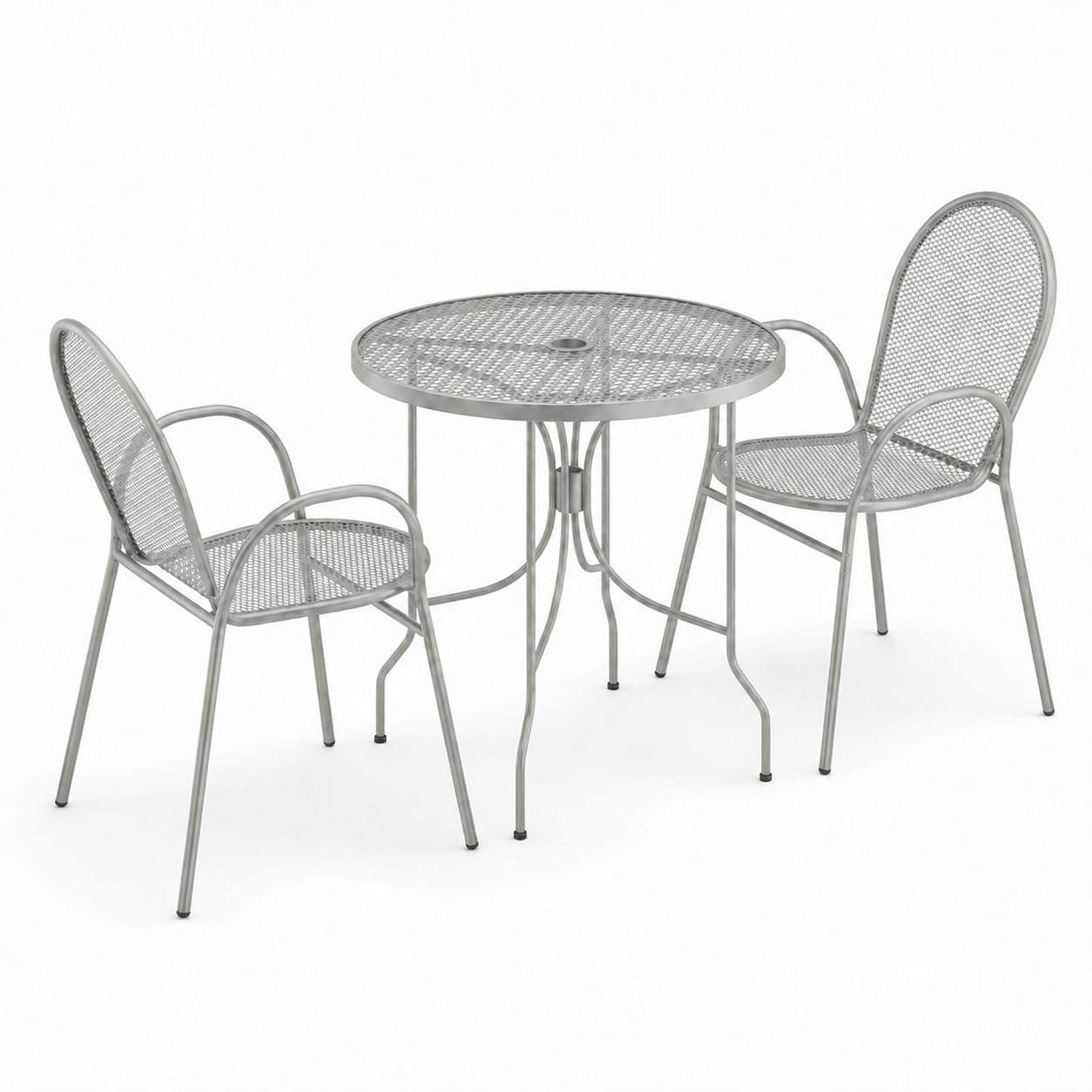 Glownary Harbor Gray Round Outdoor Dining Set with 30-Inch Mesh Table, 2 Steel Arm Chairs, Ornate Legs, Stackable, Powder-Coated