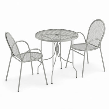 Glownary Harbor Gray Round Outdoor Dining Set with 30-Inch Mesh Table, 2 Steel Arm Chairs, Ornate Legs, Stackable, Powder-Coated