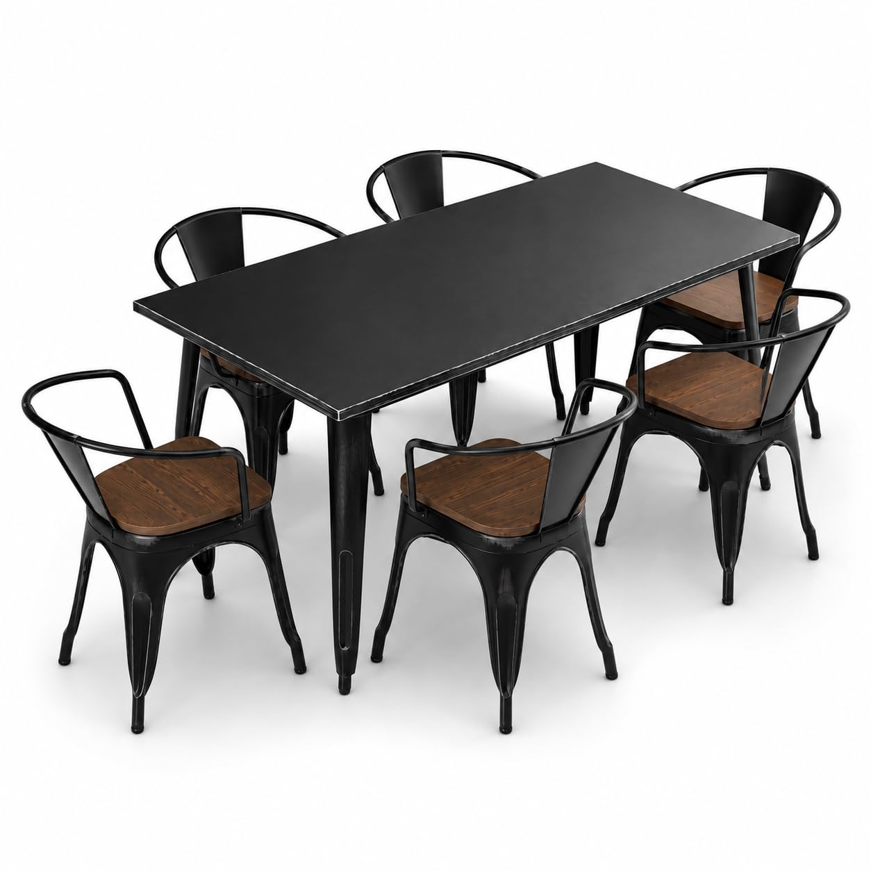 Glownary Alloy Indoor Dining Set, Distressed Onyx Black Steel Table with 6 Arm Chairs, Walnut Wood Seats, 32x63 Inch, Stackable