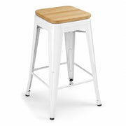 Glownary Alloy Backless Counter Height Stool, Pearl White Steel Frame with Natural Wood Seat, 24 Inch, 400 lb Capacity, Indoor Use, Modern Coastal Style, 16x16 Inches