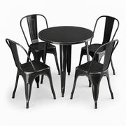 Glownary Alloy Outdoor Dining Set, Distressed Onyx Black Steel, 30 Inch Round Table with 4 Cafe Chairs, Stackable, Indoor Outdoor Use