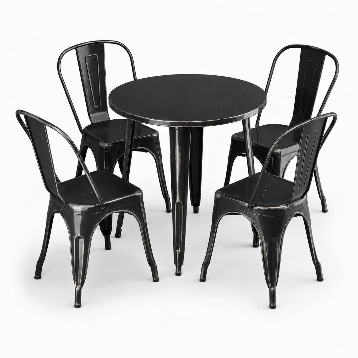 Glownary Alloy Outdoor Dining Set, Distressed Onyx Black Steel, 30 Inch Round Table with 4 Cafe Chairs, Stackable, Indoor Outdoor Use