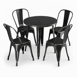 Glownary Alloy Outdoor Dining Set, Distressed Onyx Black Steel, 30 Inch Round Table with 4 Cafe Chairs, Stackable, Indoor Outdoor Use