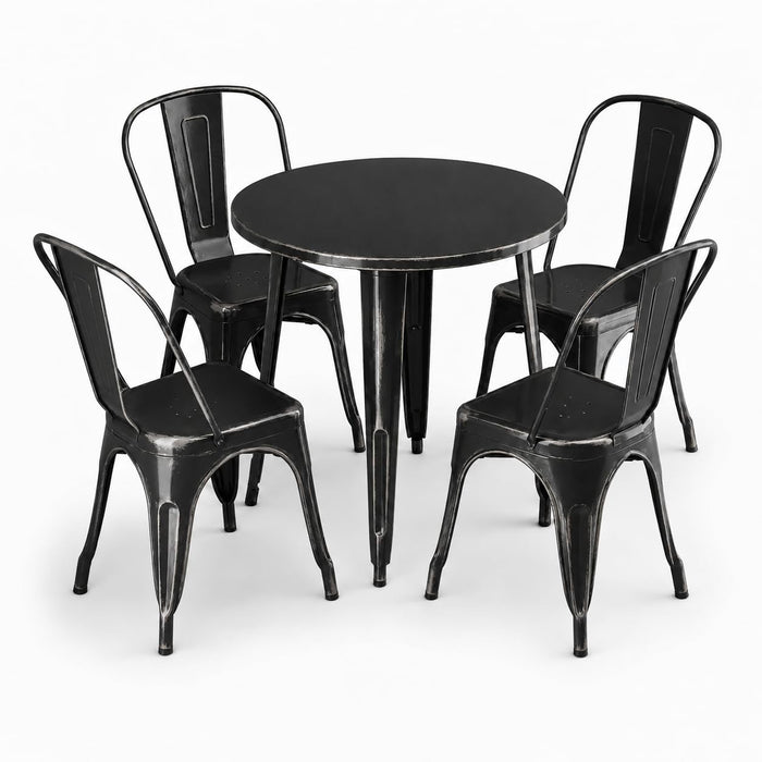 Glownary Alloy Outdoor Dining Set, Distressed Onyx Black Steel, 30 Inch Round Table with 4 Cafe Chairs, Stackable, Indoor Outdoor Use