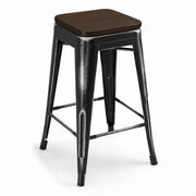 Glownary Alloy Distressed Onyx Black Counter Height Stool, Walnut Wood Seat, Backless, Metal Frame, 24 Inch, Industrial Modern, Indoor Use, 400 lb Capacity
