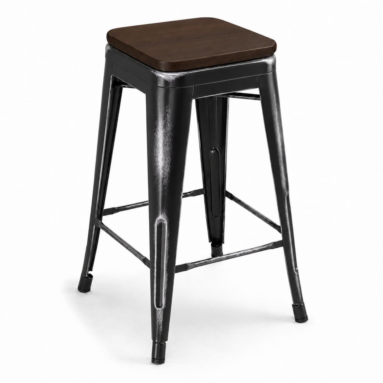 Glownary Alloy Distressed Onyx Black Counter Height Stool, Walnut Wood Seat, Backless, Metal Frame, 24 Inch, Industrial Modern, Indoor Use, 400 lb Capacity
