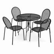 Glownary Harbor Outdoor Dining Set, Black Steel Mesh, 36 Inch Round Table with Ornate Legs, 4 Stackable Side Chairs, Standard Height, for Patio