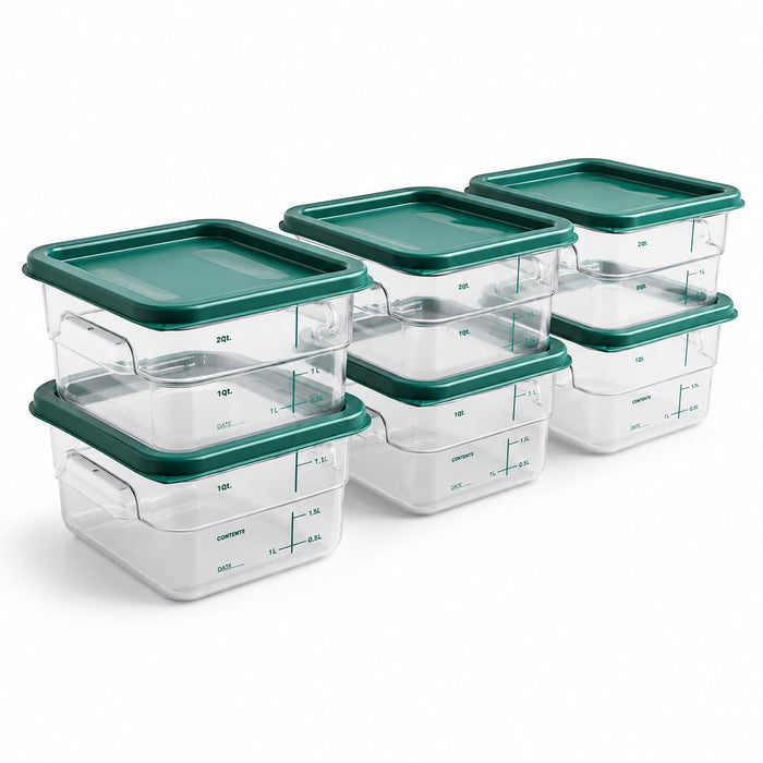 Glownary 2 Qt Clear Square Polycarbonate Food Storage Container with Green Lid, NSF Listed, Dishwasher Safe, 7.1x7.1x3.8 Inches, 6-Pack