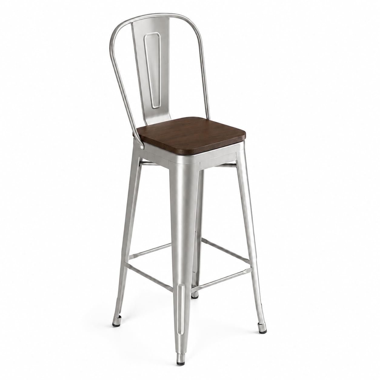 Glownary Silver Indoor Cafe Barstool with Walnut Wood Seat, Metal Frame, 46.5-Inch Height, 400 lb Capacity, Industrial Modern Design