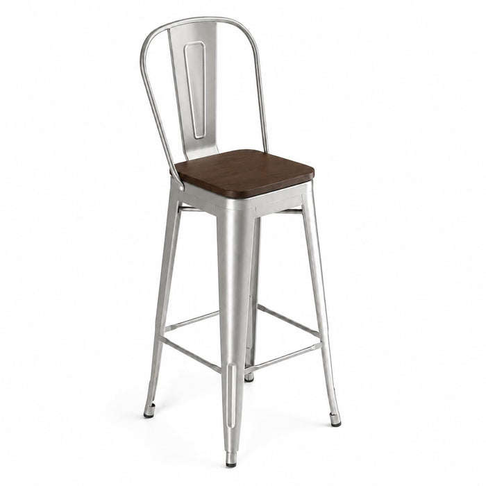 Glownary Silver Indoor Cafe Barstool with Walnut Wood Seat, Metal Frame, 46.5-Inch Height, 400 lb Capacity, Industrial Modern Design