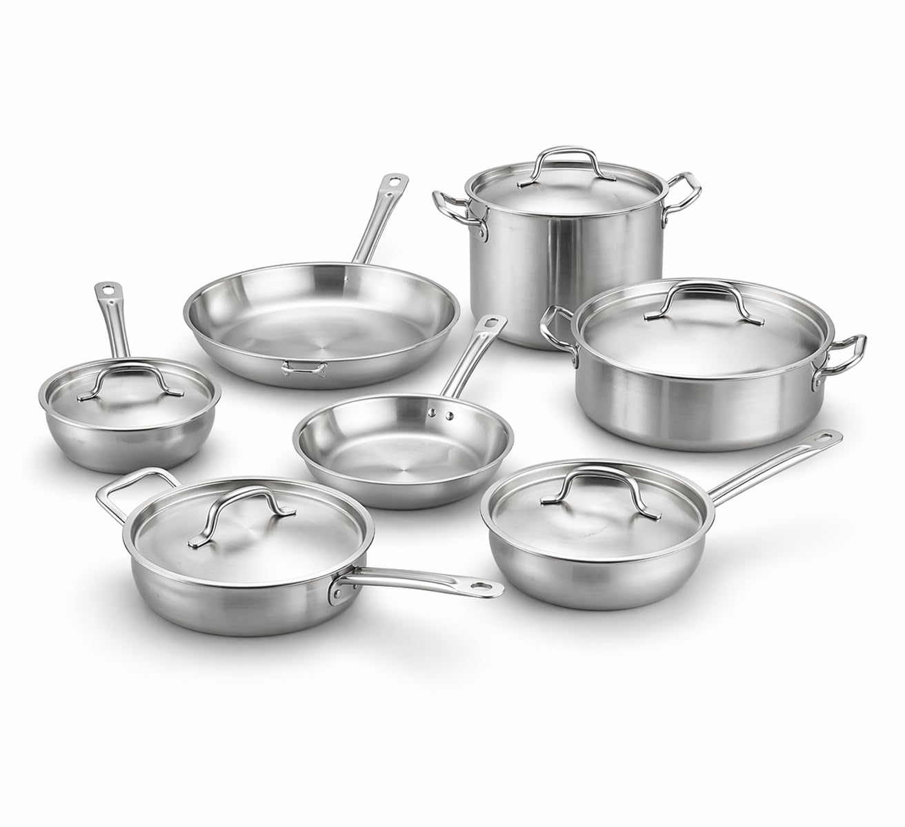 12-Piece Induction Ready Stainless Steel Cookware Set, NSF Listed, 4mm Aluminum-Clad Bottom, Silver, with Saucier Pans, Saute Pan, Brazier, Stock Pot, SS1 Series
