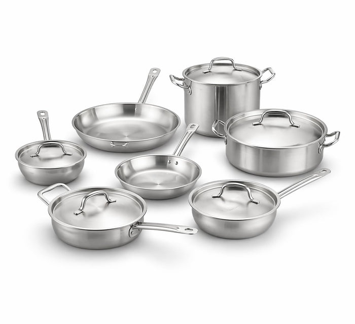 12-Piece Induction Ready Stainless Steel Cookware Set, NSF Listed, 4mm Aluminum-Clad Bottom, Silver, with Saucier Pans, Saute Pan, Brazier, Stock Pot, SS1 Series