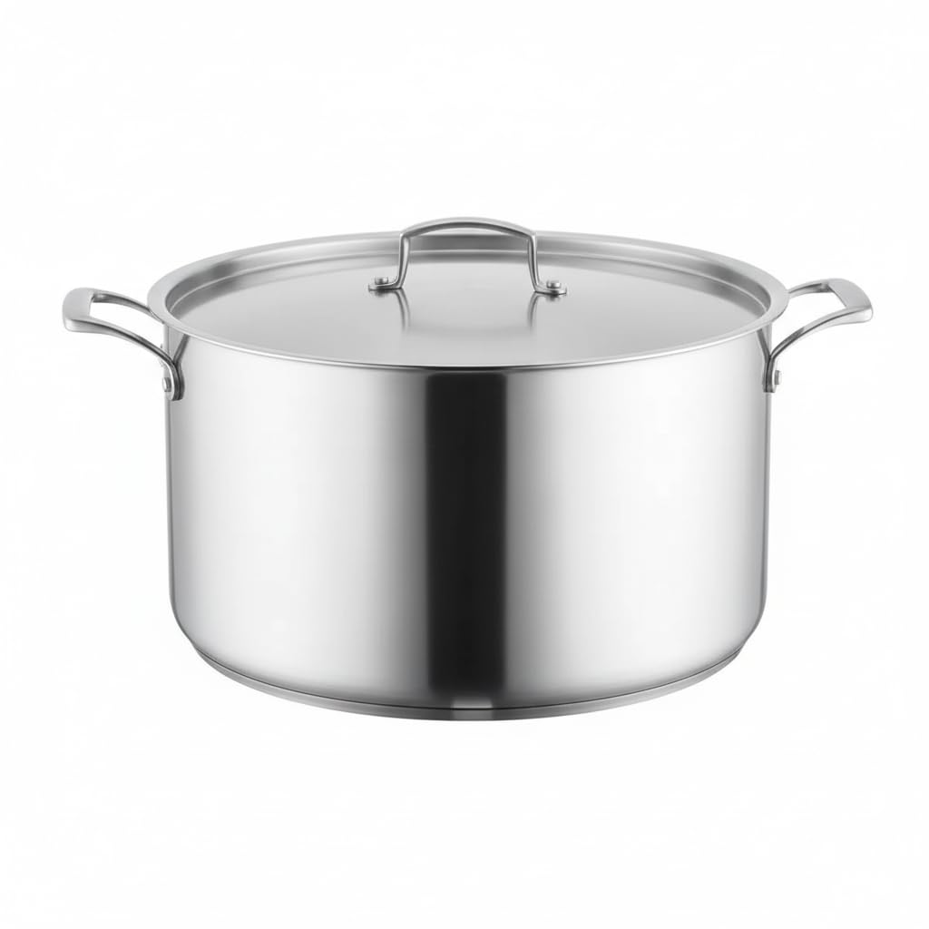 20 Qt Tri-Ply Stainless Steel Stock Pot with Cover, NSF Listed, Induction Ready, Dishwasher Safe, 7.5 Inch Height, Silver Satin Finish