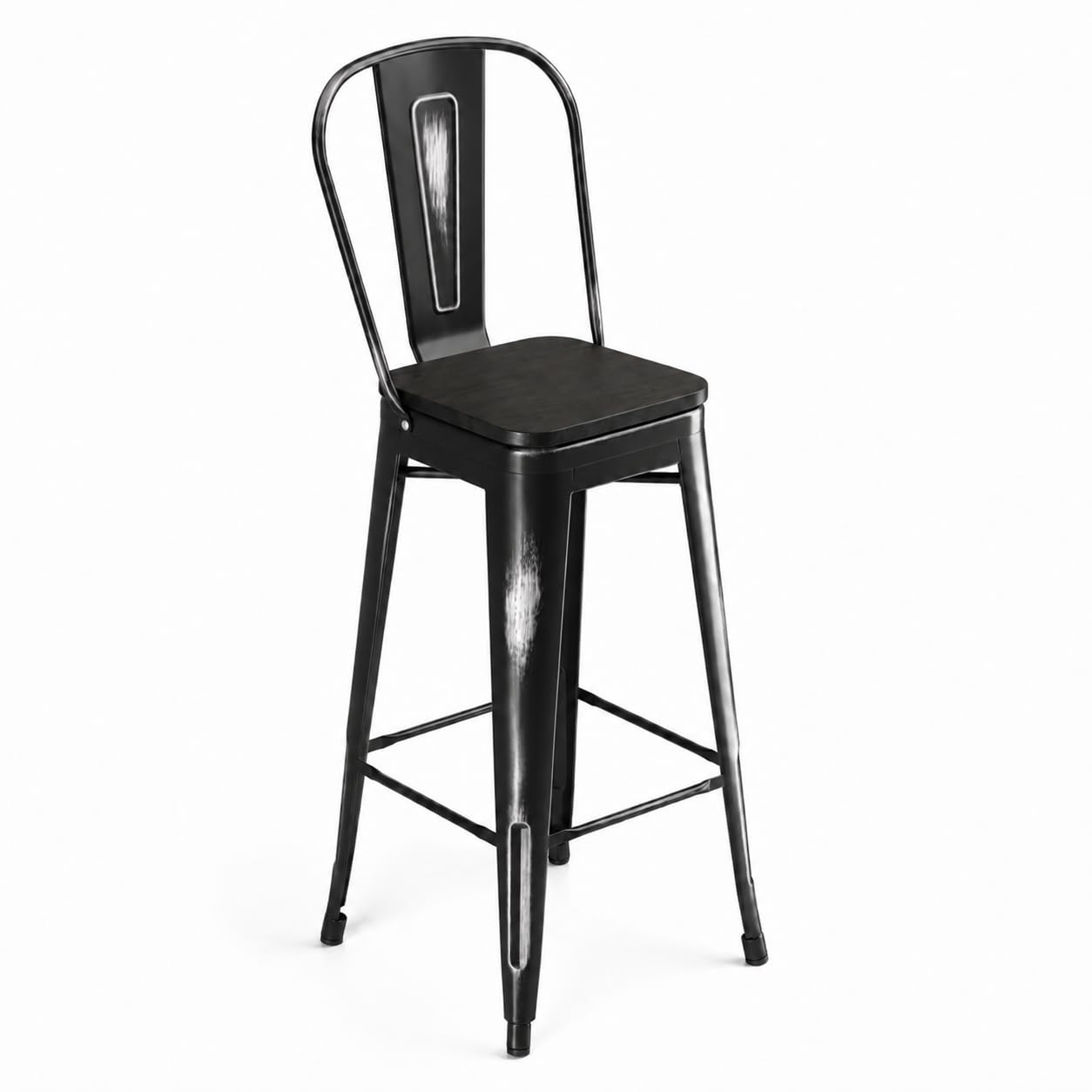 Glownary Industrial Bar Height Barstool, Distressed Onyx Black Steel Frame with Wood Seat, 46.5-Inch Indoor Cafe Chair, 400 lb Capacity