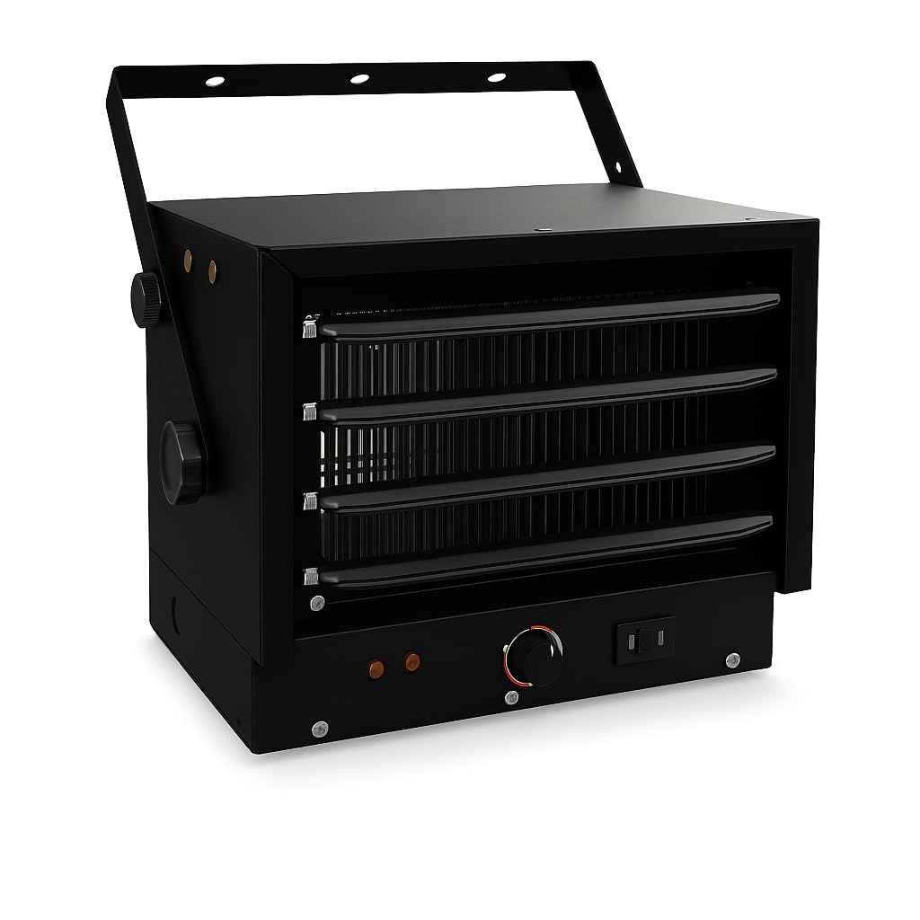Electric Ceiling-Mount Garage Heater, 240V 5000W Commercial Unit, Black, 3-Setting Thermostat, 600 Sq Ft Coverage, Industrial Space Heating System