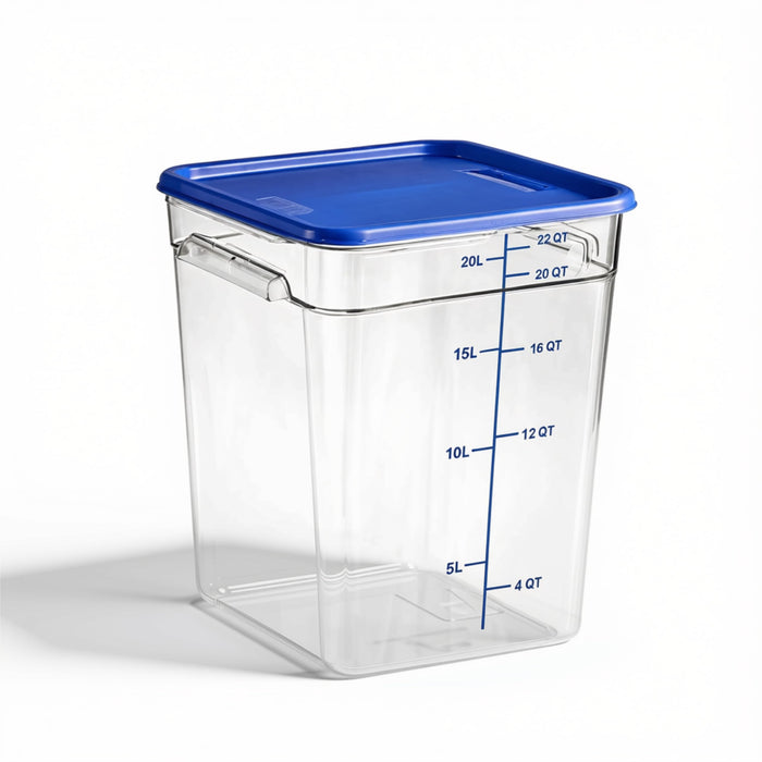 Glownary 22 Qt Square Food Storage Container with Lid, Commercial Grade Polycarbonate, Clear/Blue, 6-Pack, NSF Listed, Stackable, Dishwasher Safe, 11.1x11.1x15.7 Inches