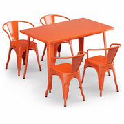 Glownary Alloy 47.5 x 29.5 Inch Rectangular Outdoor Dining Set, Steel Frame, Amber Orange, 4 Stackable Arm Chairs, Standard Height