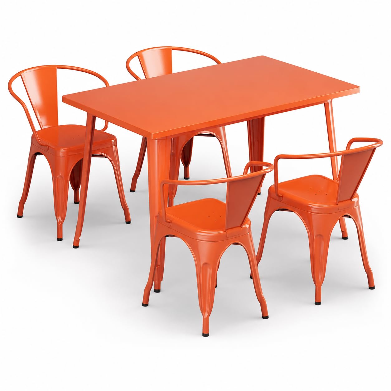 Glownary Alloy 47.5 x 29.5 Inch Rectangular Outdoor Dining Set, Steel Frame, Amber Orange, 4 Stackable Arm Chairs, Standard Height
