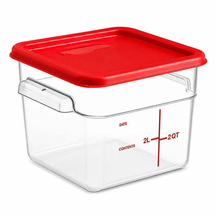 Glownary 6 Qt Clear Square Polycarbonate Food Storage Container with Red Lid, NSF Listed, Stackable, Dishwasher Safe, 8.75x8.75x7.31 Inches, 6 Pack