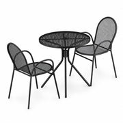 Glownary Harbor 30-Inch Round Outdoor Table Set with 2 Mesh Arm Chairs, Black Steel, Powder-Coated, Standard Height, Stackable, Umbrella Hole