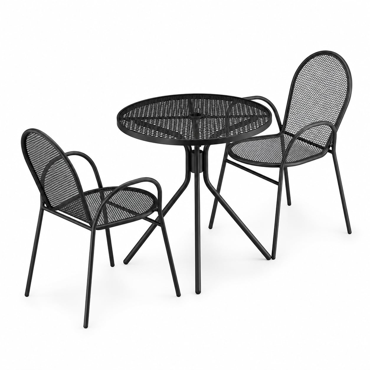 Glownary Harbor 30-Inch Round Outdoor Table Set with 2 Mesh Arm Chairs, Black Steel, Powder-Coated, Standard Height, Stackable, Umbrella Hole