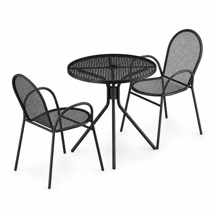 Glownary Harbor 30-Inch Round Outdoor Table Set with 2 Mesh Arm Chairs, Black Steel, Powder-Coated, Standard Height, Stackable, Umbrella Hole