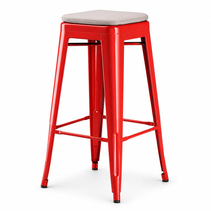Glownary Alloy Ruby Red Outdoor Backless Barstool with Gray Fabric Magnetic Cushion, 30 Inch Bar Height, 400 lb Capacity, Stackable Steel Frame