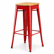 Glownary Alloy Ruby Red Backless Barstool, Natural Wood Seat, 30.75 Inch Bar Height, Steel Frame, 400 lb Capacity, Indoor Use, Stackable