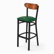 Glownary Boomerang Bar Stool with Green Vinyl Seat, Black Metal Frame, Antique Walnut Back, 43.38 Inch Height, Mid-Century Style, Indoor Commercial Use