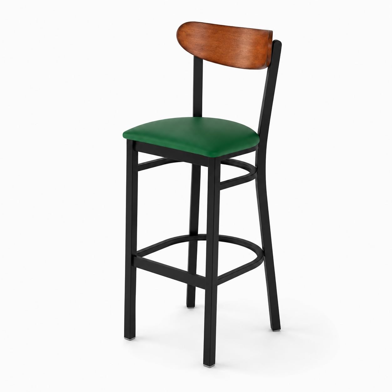 Glownary Boomerang Bar Stool with Green Vinyl Seat, Black Metal Frame, Antique Walnut Back, 43.38 Inch Height, Mid-Century Style, Indoor Commercial Use