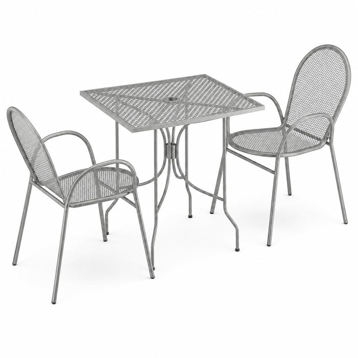 Glownary Harbor Gray Outdoor Dining Set with 24 x 30 Inch Rectangular Mesh Table, 2 Stackable Steel Arm Chairs, Powder-Coated Finish for Patio