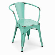 Glownary Distressed Aquamarine Steel Outdoor Arm Chair, Stackable, 400 lb Capacity, 21x17.5x28.5 Inches, Modern Coastal Design, Fully Assembled