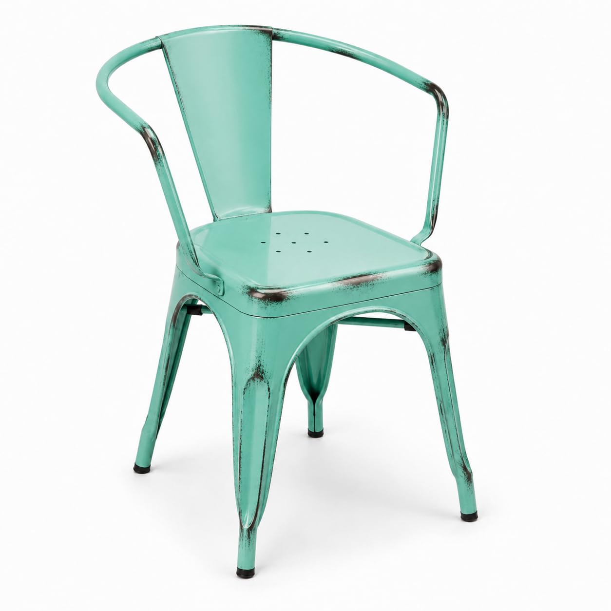 Glownary Distressed Aquamarine Steel Outdoor Arm Chair, Stackable, 400 lb Capacity, 21x17.5x28.5 Inches, Modern Coastal Design, Fully Assembled