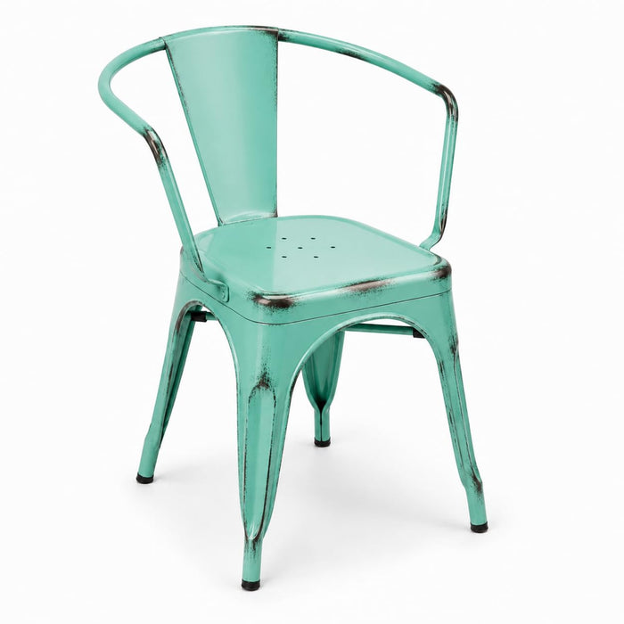 Glownary Distressed Aquamarine Steel Outdoor Arm Chair, Stackable, 400 lb Capacity, 21x17.5x28.5 Inches, Modern Coastal Design, Fully Assembled