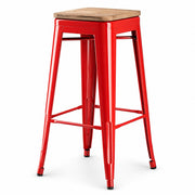 Glownary Alloy Ruby Red Backless Bar Stool, Gray Wood Seat, 30.75 Inch Height, Steel Frame, Stackable, 400 lb Capacity, Indoor Use