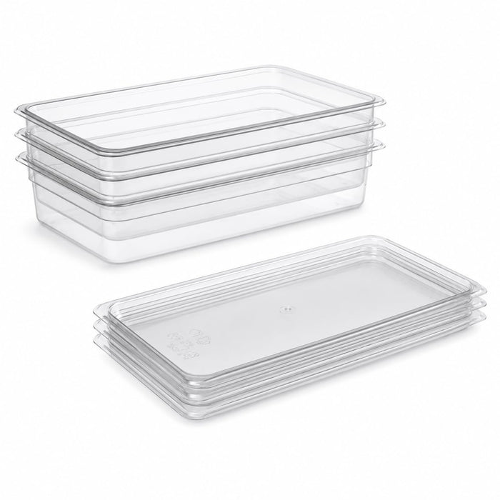 Glownary Full Size Food Pan Set with Sealing Lids, 4 Inch Deep Translucent Polypropylene, NSF Listed, BPA Free, Stackable, 20.6x12.5 Inch, 3-Pack