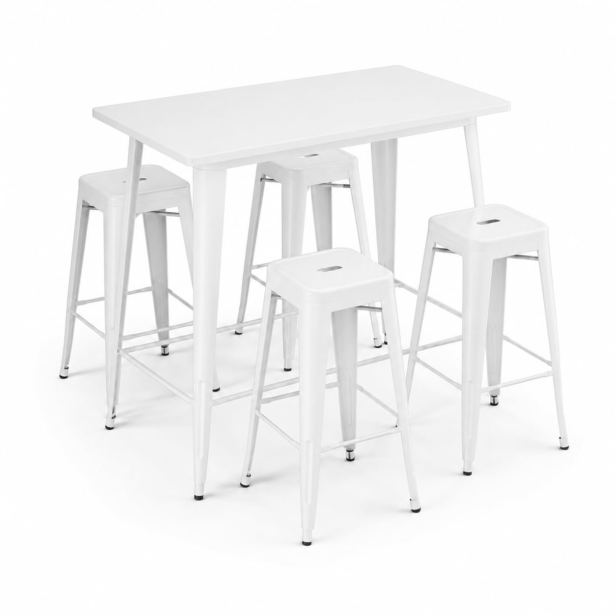 Glownary 48 x 30 Inch Pearl White Bar Height Outdoor Table Set with 4 Stackable Steel Backless Barstools, Powder-Coated, Indoor/Outdoor Use
